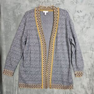 Susan Graver large cardigan duster coat blue white gold cotton rayon